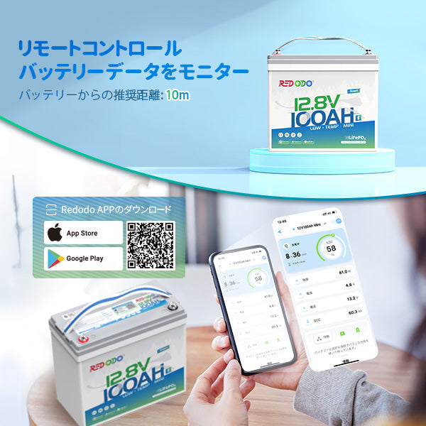 Redodo 12V 100Ah Mini リン酸鉄リチウムイオンバッテリー Bluetooth付き 低温保護