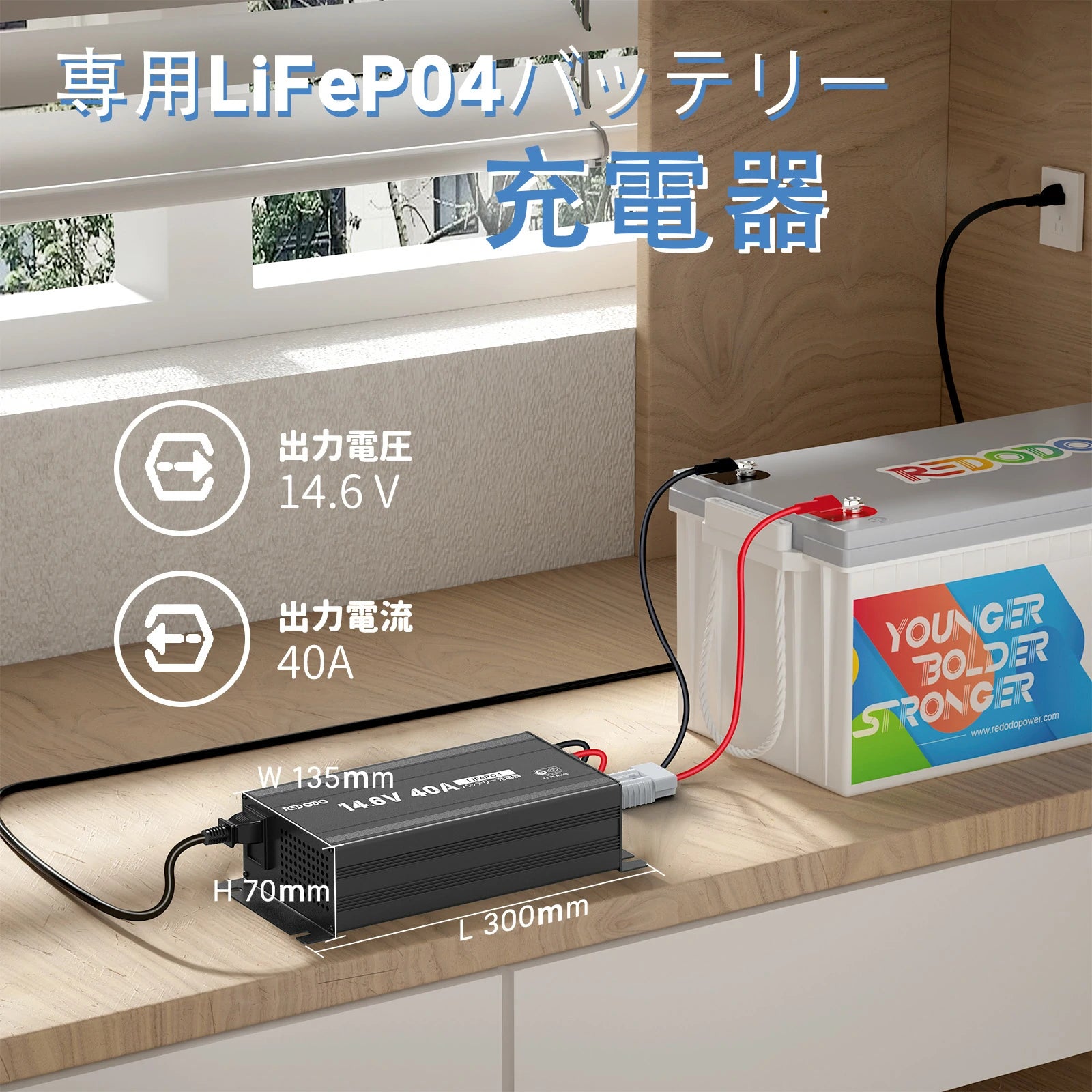 Redodo 14.6V40A 充電器 急速充電 リン酸リチウム電池専用充電器 スマートな充電 保護されたバッテリーを復帰する機能