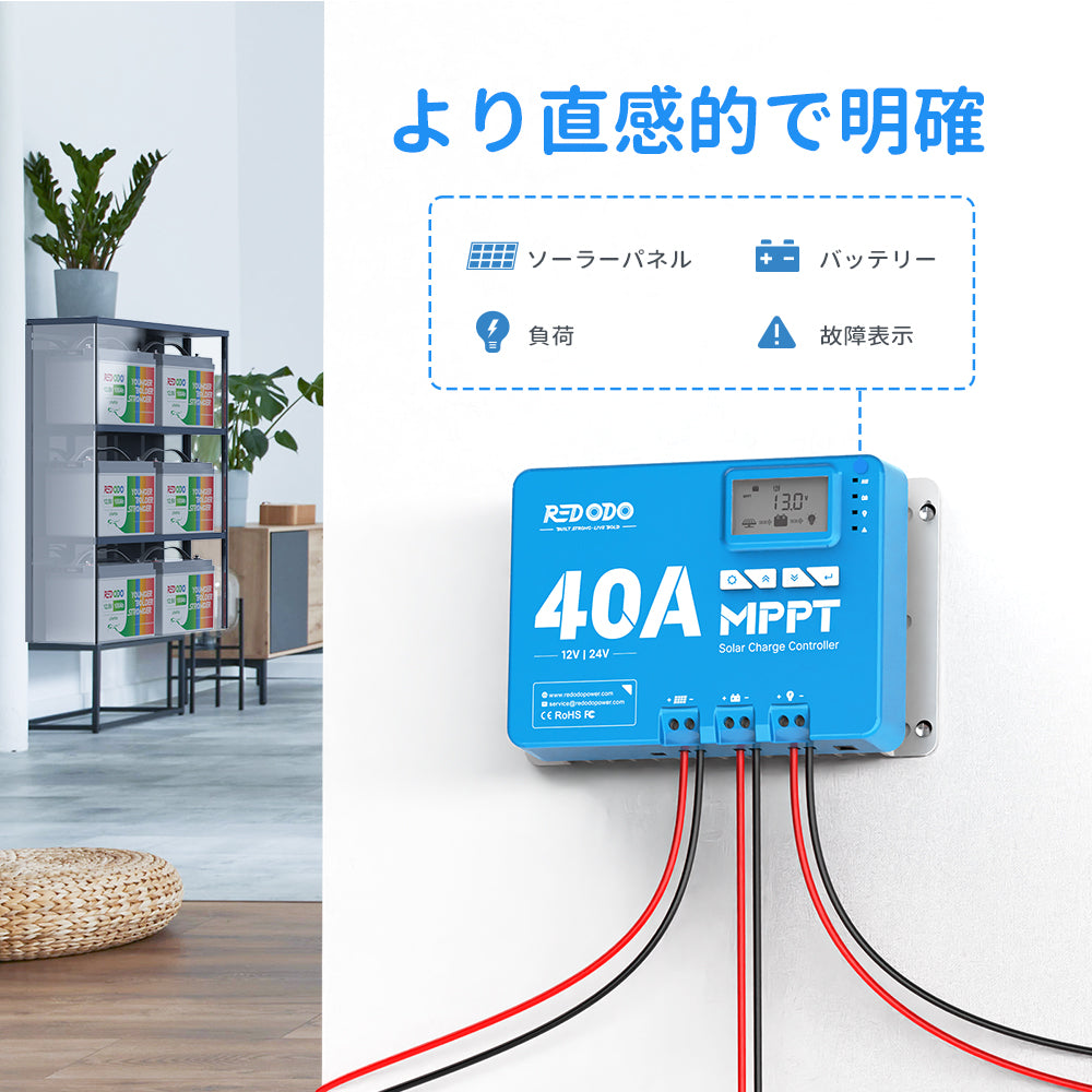 Redodo 40A MPPT 12V/24V ソーラーチャージコントローラー