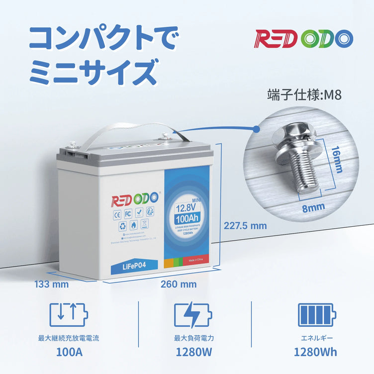 コンパクトミニサイズ　軽量バッテリー　最大継続放電電流100A　最大負荷電力1280w　エネルギー1280wh　端子仕様Ｍ8