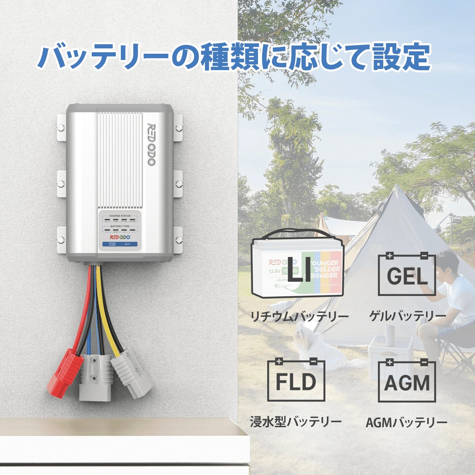 Redodo DC-DCチャージャーは、AGM バッテリー、ゲルバッテリー、SLA、浸水型バッテリー、リチウムイオンバッテリーと互換性があり、バッテリーの種類に合わせて充電モードを設定することができます。